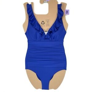 DKNY Lapis Blue Ruffle Plunge Underwire One Piece Swimsuit XS NWT